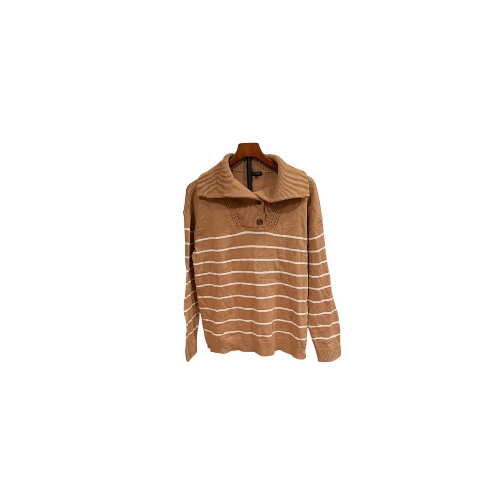 Talbots Quiet luxury Striped Button Collar Pullover Sweater Brown White Cotton L